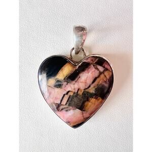 Sterling Silver Argentine Rhodozite Heart Pendant Pink Black Gray 1.5” 15g Boho